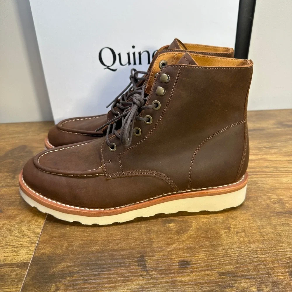 Quince Mens Leather Moc Toe Boots Brown Cowhide Wedge Sole‎ 10.5